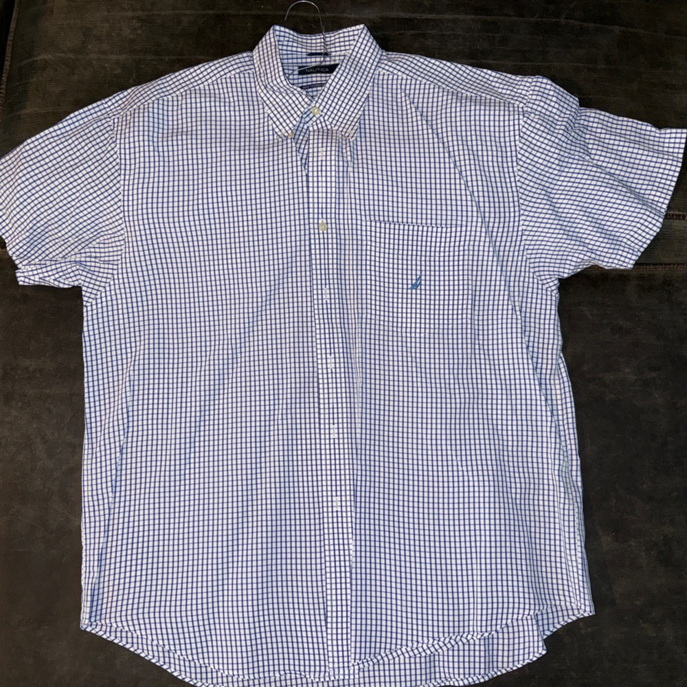 Nautica Men's Blue and White Plaid Shirt